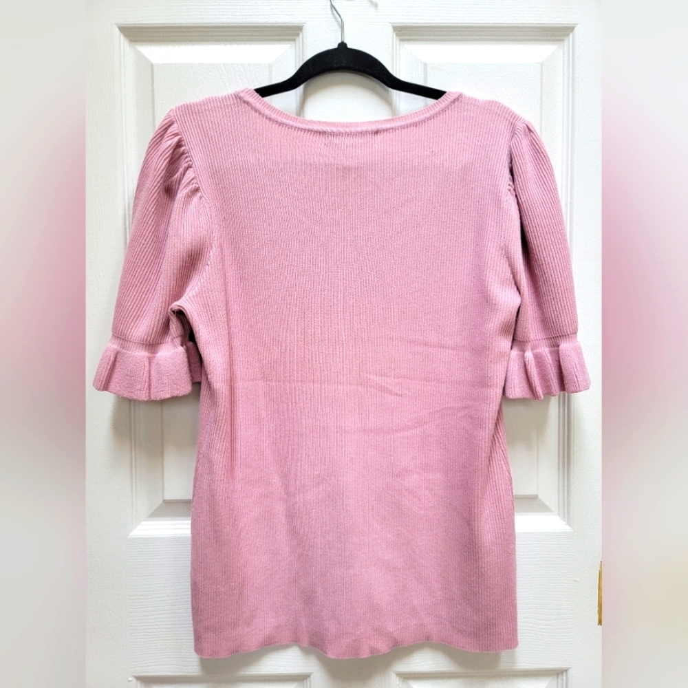 Madison Women's Rhinestone Ribbed Pink Ruffle Sleeve Knit Top Size XL - Picture 2 of 5